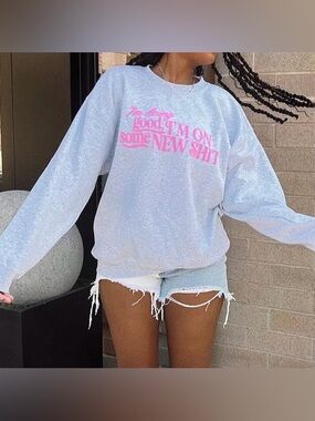 Girl Tribe Co | I'm Doing Good Gray & Neon Pink Puff Swiftie Sweatshirt Medium